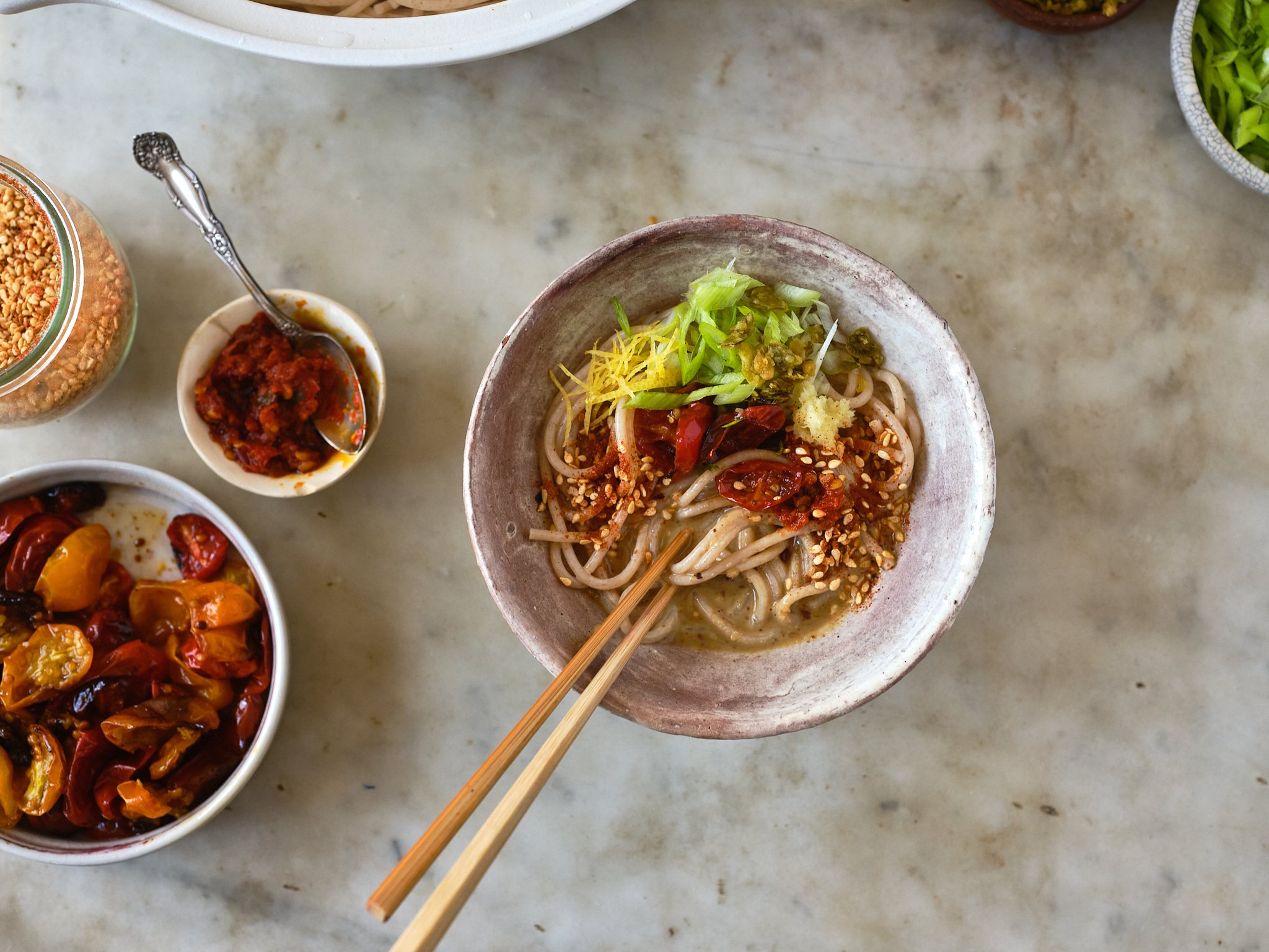 Sesame noodles and toppings